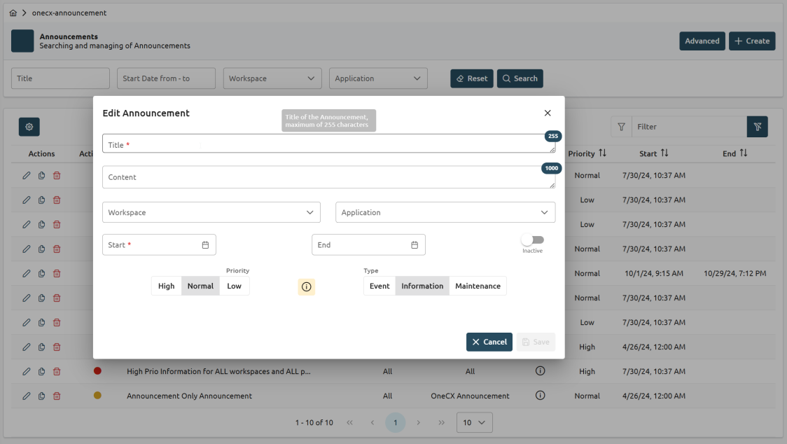 announcement configuration