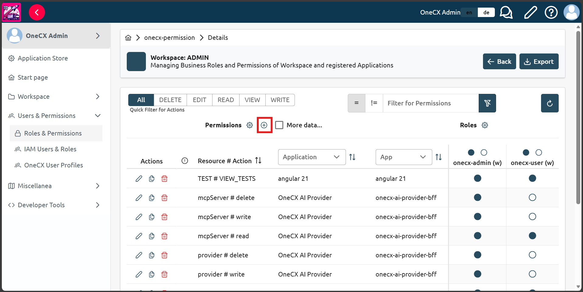 Click the "+" icon to create a new permission