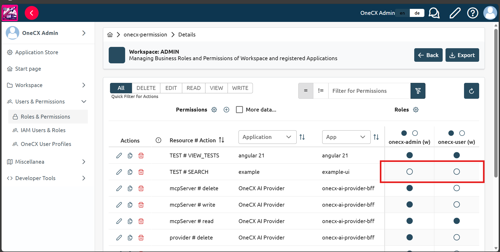 Click the circle to assign the permission to the role