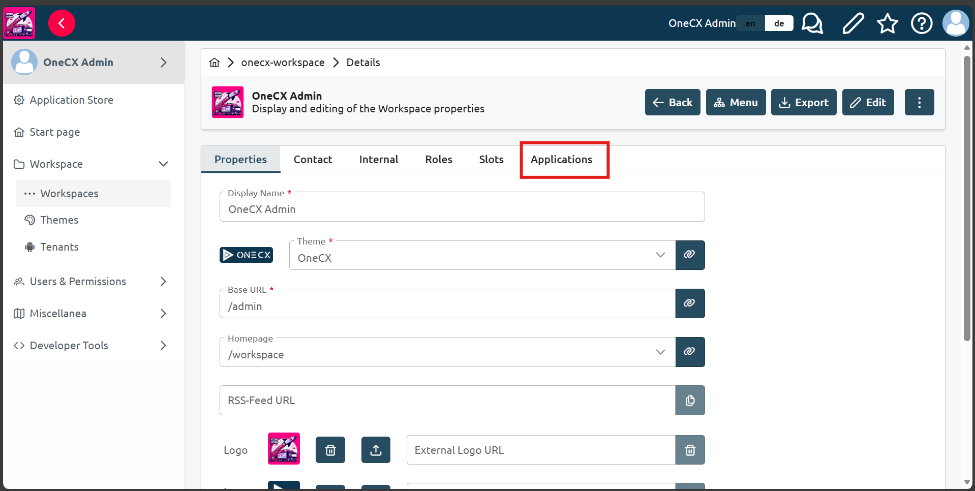 Find the "Applications" tab in the workspace view