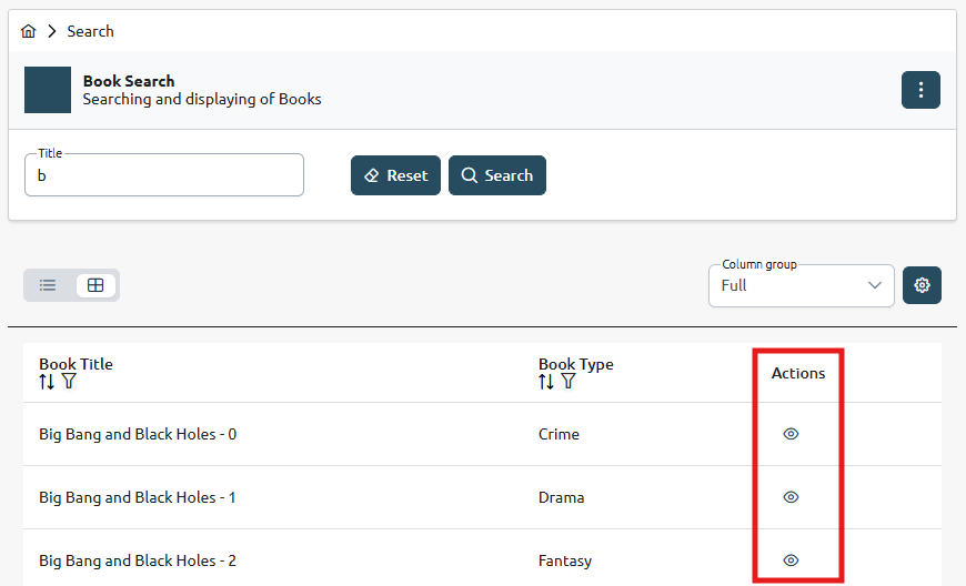 generated book search component with actions